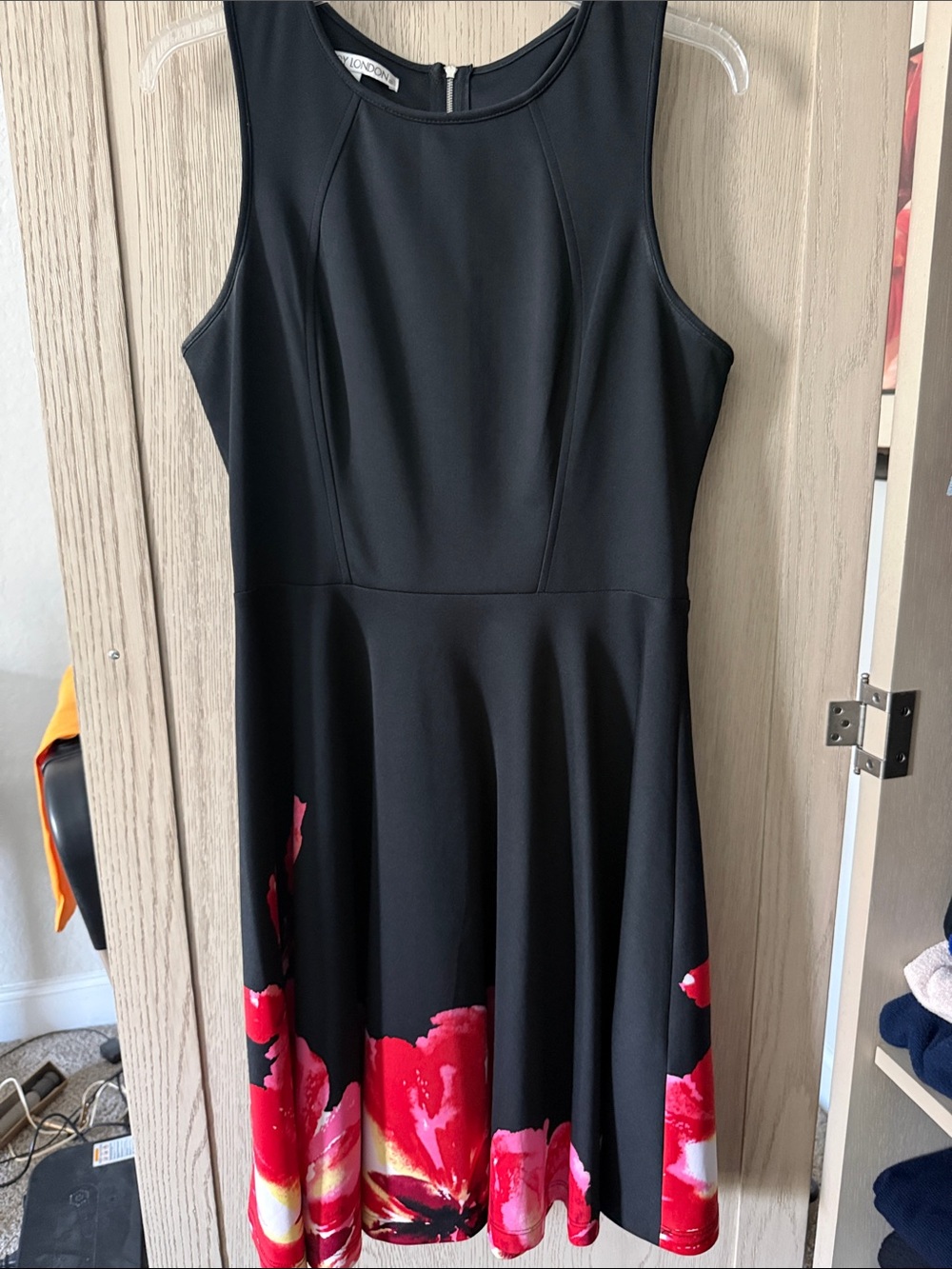 Donna Morgan Black Dress with Red & Pink Floral Hem